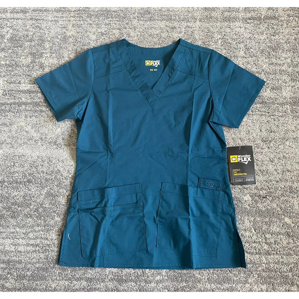Wonder Flex Womens XS Scrub Top Blue V-Neck Pockets NWT O9